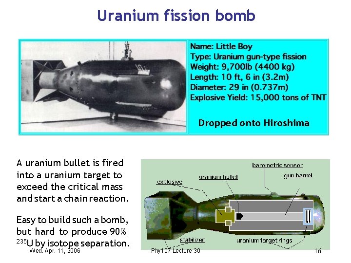 Uranium fission bomb Dropped onto Hiroshima A uranium bullet is fired into a uranium