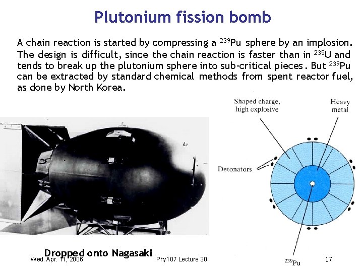 Plutonium fission bomb A chain reaction is started by compressing a 239 Pu sphere