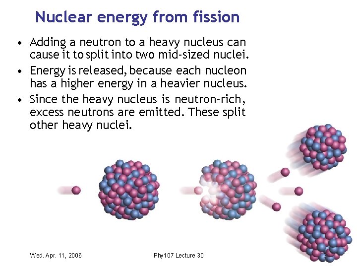 Nuclear energy from fission • Adding a neutron to a heavy nucleus can cause