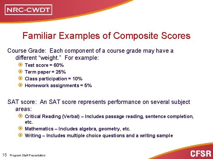 Basic CFSR Terminology Familiar Examples of Composite Scores Course Grade: Each component of a