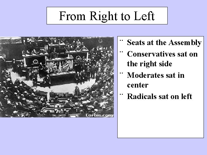 From Right to Left ¨ Seats at the Assembly ¨ Conservatives sat on the