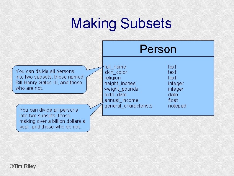 Making Subsets Person You can divide all persons into two subsets: those named Bill