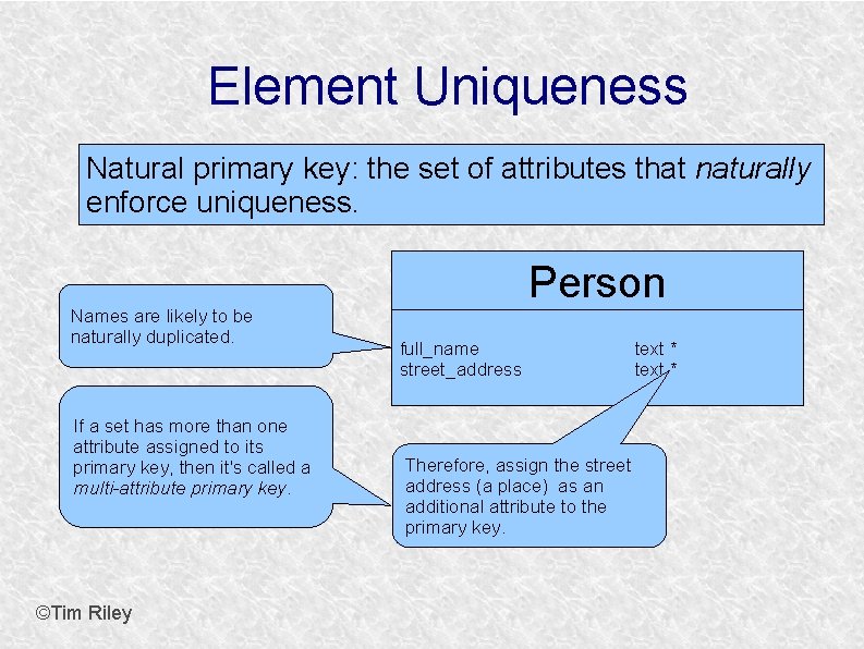 Element Uniqueness Natural primary key: the set of attributes that naturally enforce uniqueness. Names