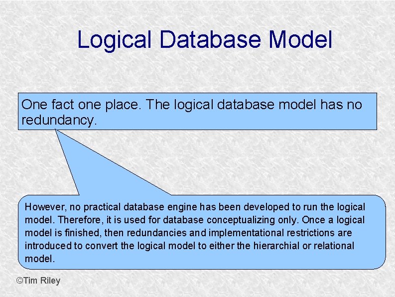 Logical Database Model One fact one place. The logical database model has no redundancy.