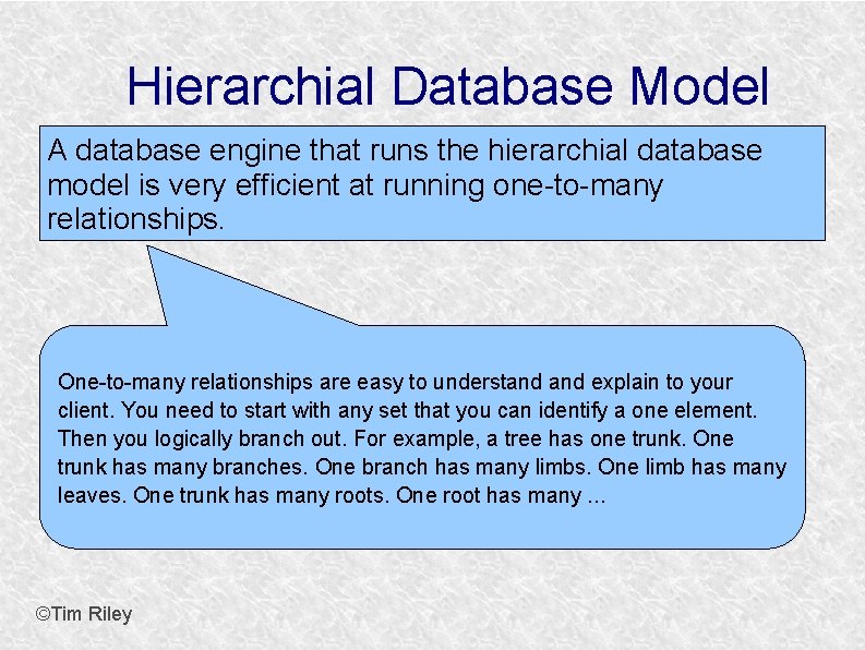 Hierarchial Database Model A database engine that runs the hierarchial database model is very