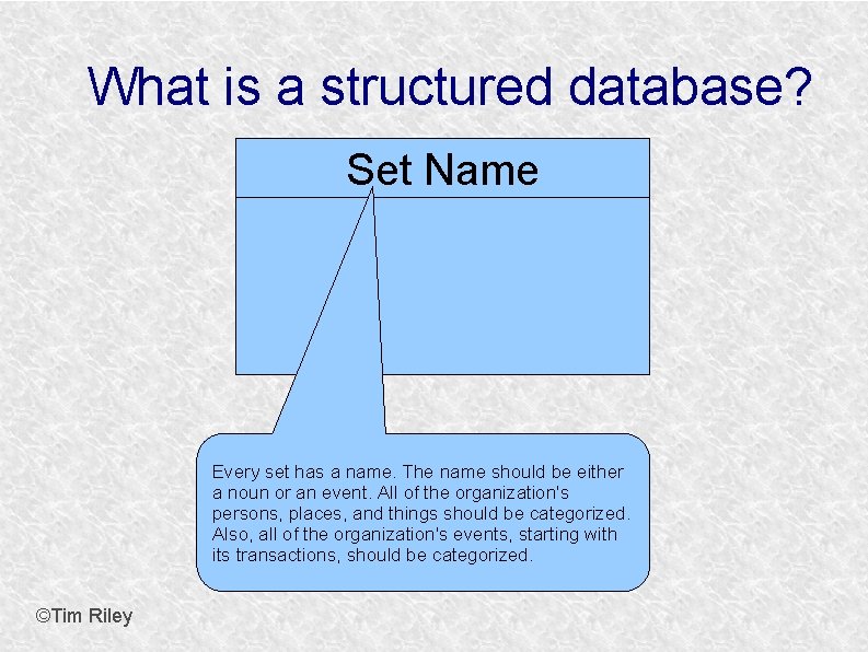 What is a structured database? Set Name Every set has a name. The name