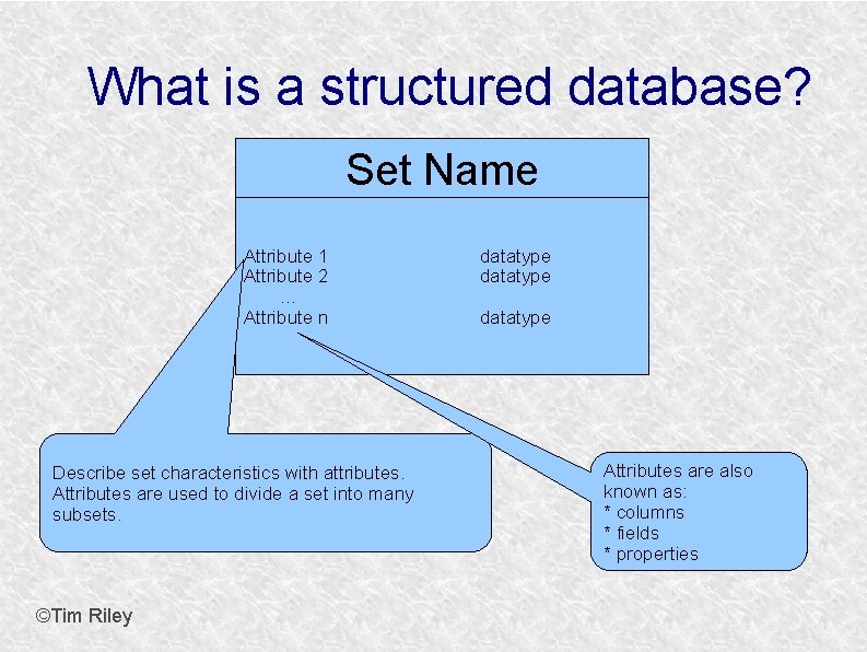 What is a structured database? Set Name Attribute 1 Attribute 2 … Attribute n