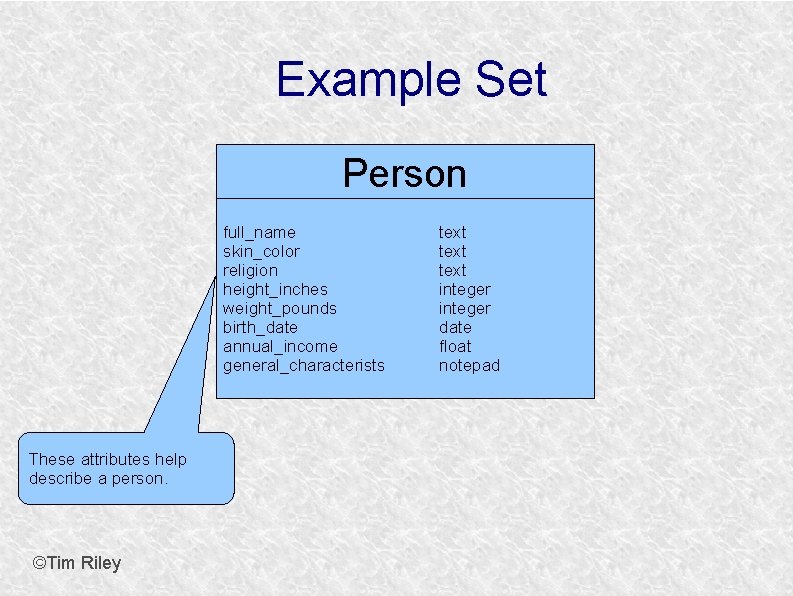 Example Set Person full_name skin_color religion height_inches weight_pounds birth_date annual_income general_characterists These attributes help