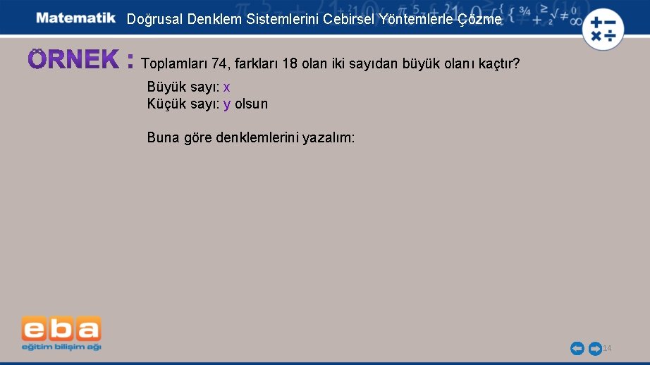 Doğrusal Denklem Sistemlerini Cebirsel Yöntemlerle Çözme Toplamları 74, farkları 18 olan iki sayıdan büyük