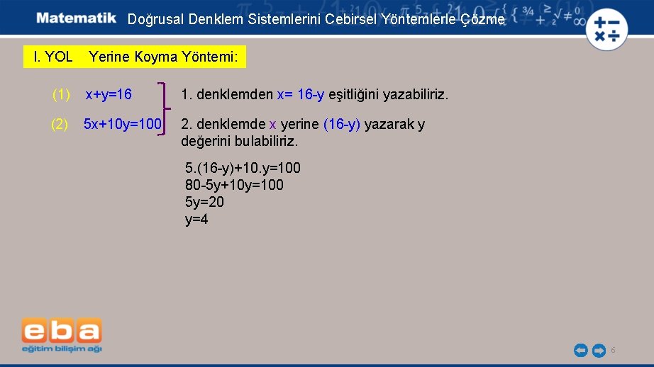 Doğrusal Denklem Sistemlerini Cebirsel Yöntemlerle Çözme I. YOL Yerine Koyma Yöntemi: (1) x+y=16 1.