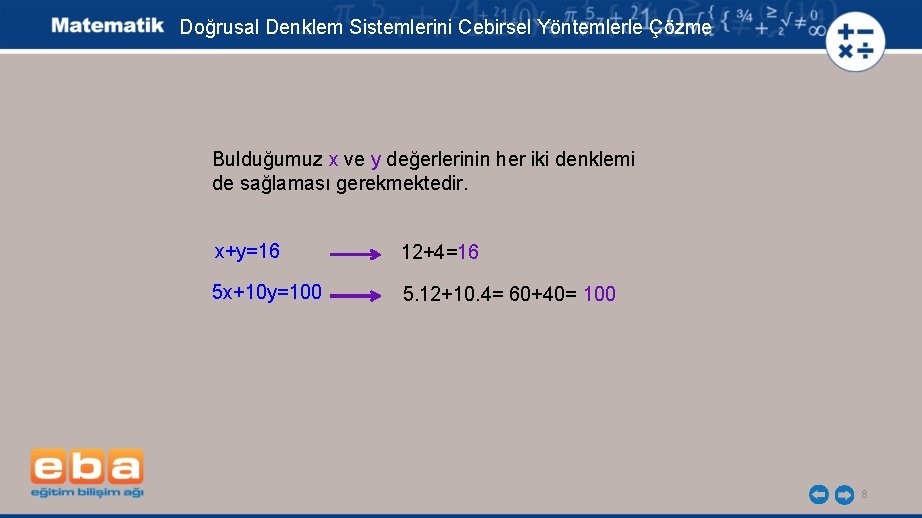 Doğrusal Denklem Sistemlerini Cebirsel Yöntemlerle Çözme Bulduğumuz x ve y değerlerinin her iki denklemi