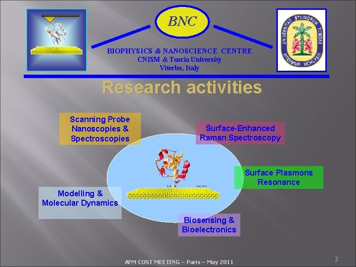 BNC BIOPHYSICS & NANOSCIENCE CENTRE CNISM & Tuscia University Viterbo, Italy Research activities Scanning