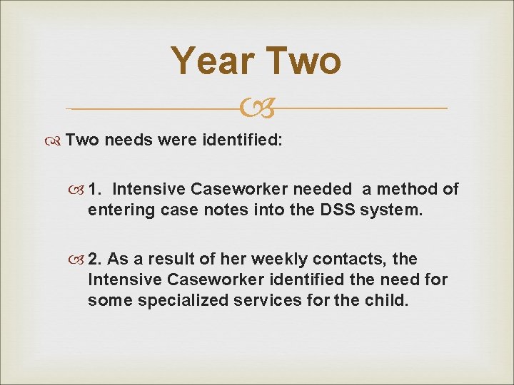 Year Two needs were identified: 1. Intensive Caseworker needed a method of entering case