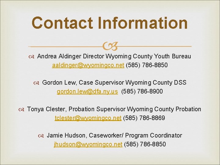 Contact Information Andrea Aldinger Director Wyoming County Youth Bureau aaldinger@wyomingco. net (585) 786 -8850