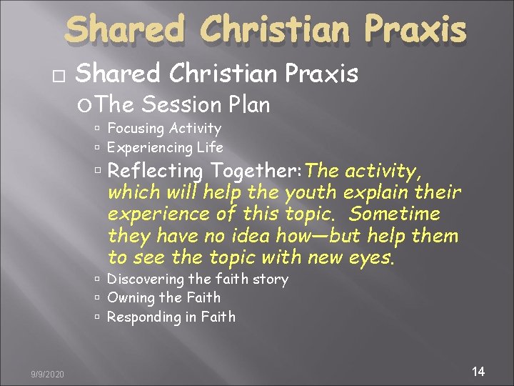Shared Christian Praxis The Session Plan Focusing Activity Experiencing Life Reflecting Together: The activity,