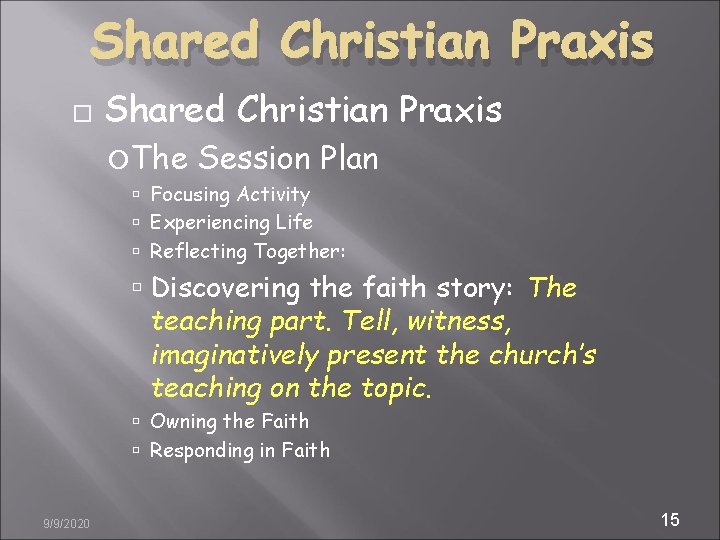 Shared Christian Praxis The Session Plan Focusing Activity Experiencing Life Reflecting Together: Discovering the