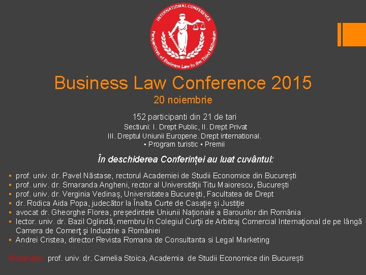Business Law Conference 2015 20 noiembrie 152 participanti din 21 de tari Sectiuni: I.
