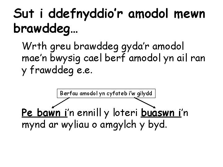 Sut i ddefnyddio’r amodol mewn brawddeg… Wrth greu brawddeg gyda’r amodol mae’n bwysig cael