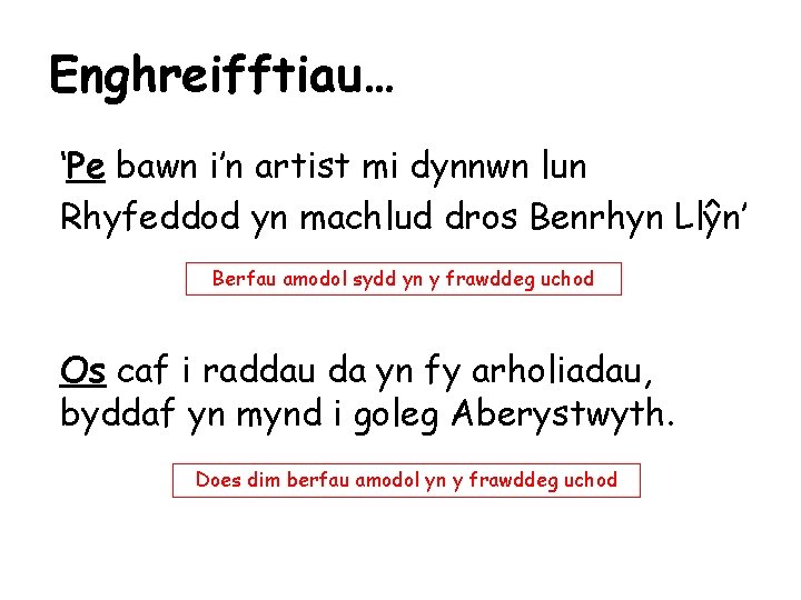 Enghreifftiau… ‘Pe bawn i’n artist mi dynnwn lun Rhyfeddod yn machlud dros Benrhyn Llŷn’