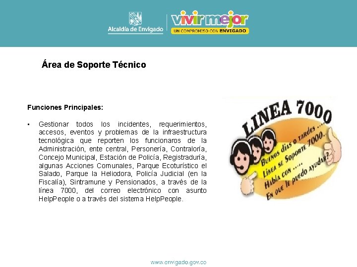 Área de Soporte Técnico Funciones Principales: • Gestionar todos los incidentes, requerimientos, accesos, eventos