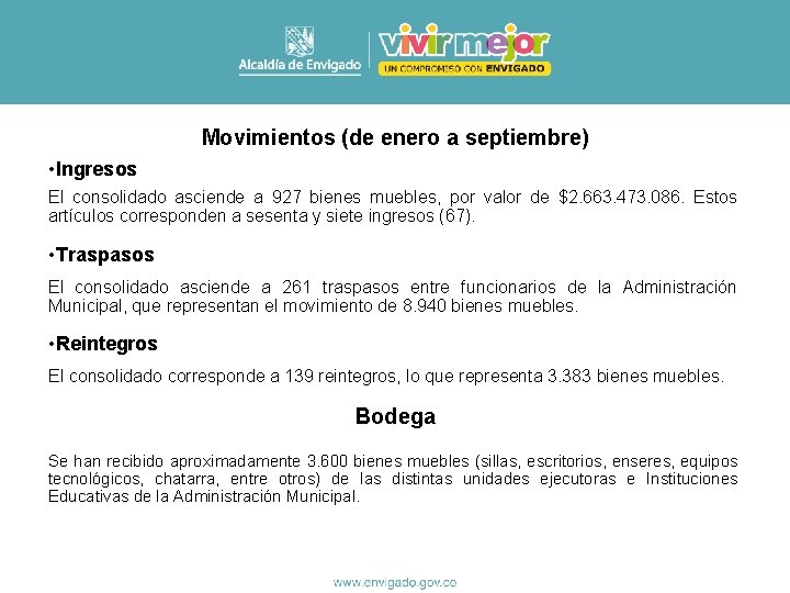 Movimientos (de enero a septiembre) • Ingresos El consolidado asciende a 927 bienes muebles,