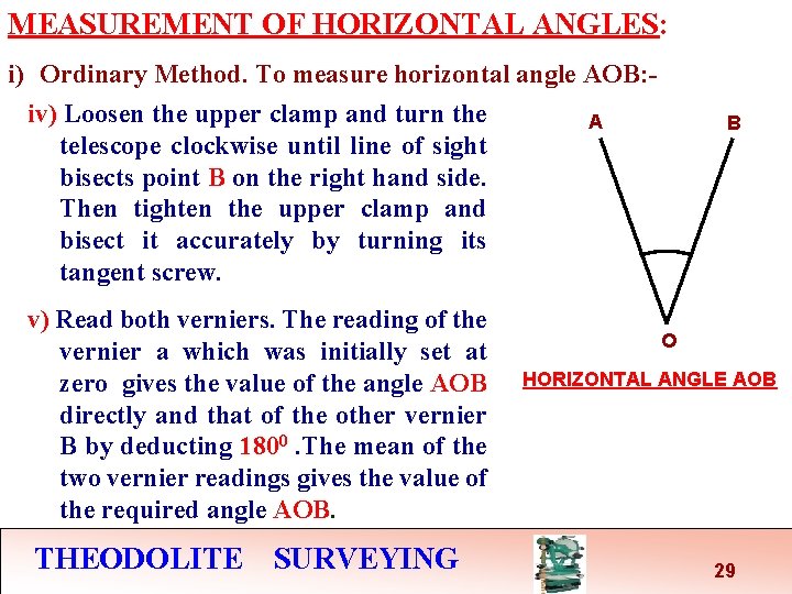 MEASUREMENT OF HORIZONTAL ANGLES: i) Ordinary Method. To measure horizontal angle AOB: iv) Loosen