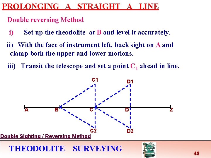 PROLONGING A STRAIGHT A LINE Double reversing Method i) Set up theodolite at B