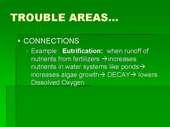 TROUBLE AREAS… § CONNECTIONS § Example: Eutrification: when runoff of nutrients from fertilizers increases