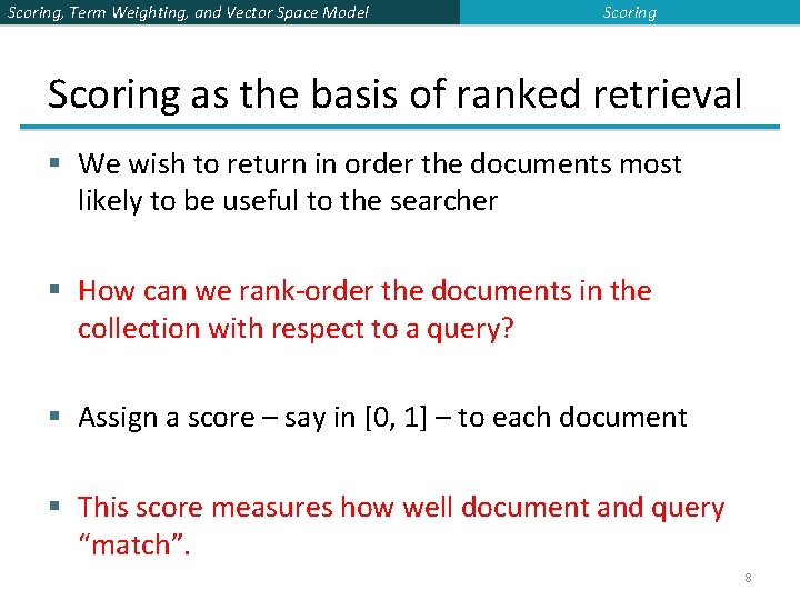 Scoring, Term Weighting, and Vector Space Model Scoring as the basis of ranked retrieval