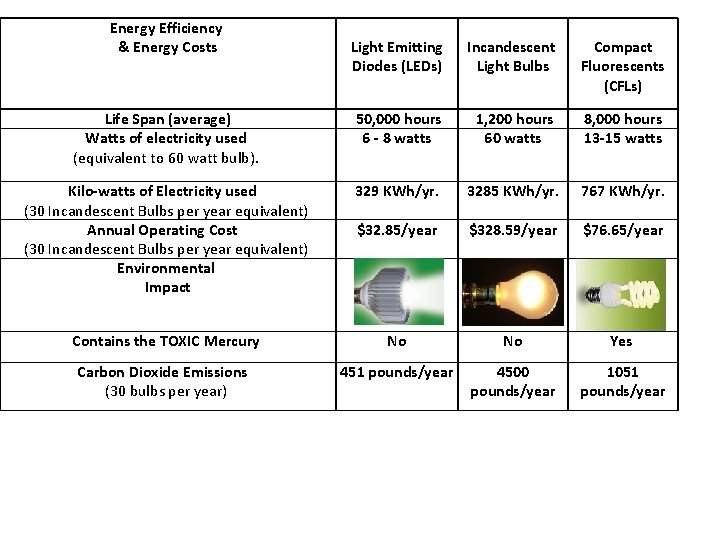 Energy Efficiency & Energy Costs Light Emitting Diodes (LEDs) Incandescent Light Bulbs Compact Fluorescents