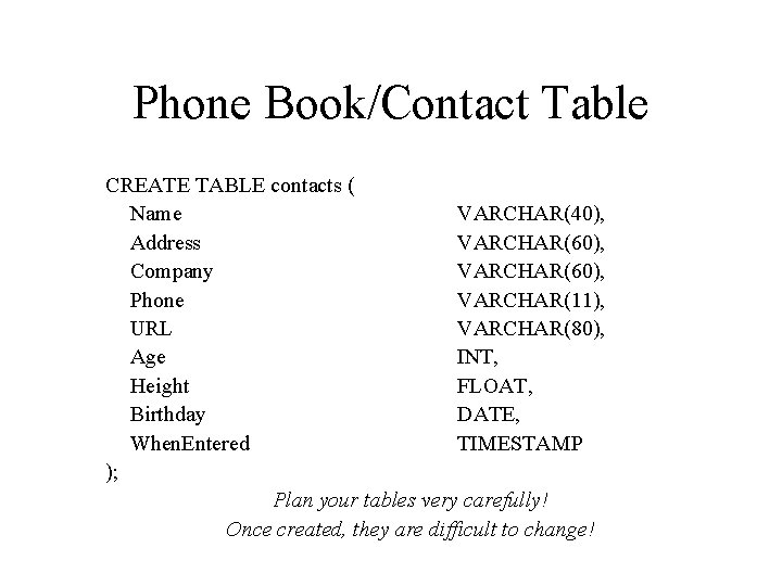 Phone Book/Contact Table CREATE TABLE contacts ( Name VARCHAR(40), Address VARCHAR(60), Company VARCHAR(60), Phone