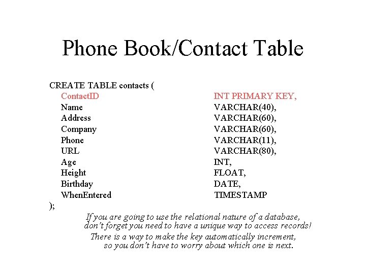 Phone Book/Contact Table CREATE TABLE contacts ( Contact. ID INT PRIMARY KEY, Name VARCHAR(40),