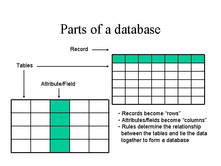 Parts of a database Record Tables Attribute/Field • Records become “rows” • Attributes/fields become