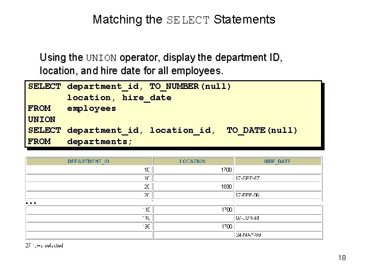 Matching the SELECT Statements Using the UNION operator, display the department ID, location, and Matching the SELECT Statements Using the UNION operator, display the department ID, location, and