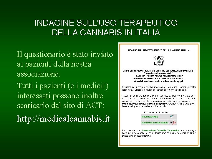 INDAGINE SULL'USO TERAPEUTICO DELLA CANNABIS IN ITALIA Il questionario è stato inviato ai pazienti