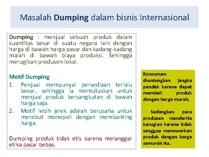 Masalah Dumping dalam bisnis Internasional Dumping : menjual sebuah produk dalam kuantitas besar di