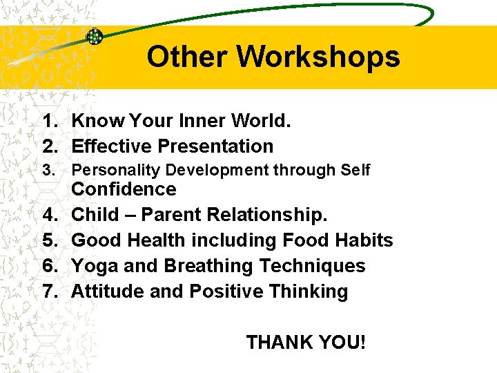 Other Workshops 1. Know Your Inner World. 2. Effective Presentation 3. Personality Development through