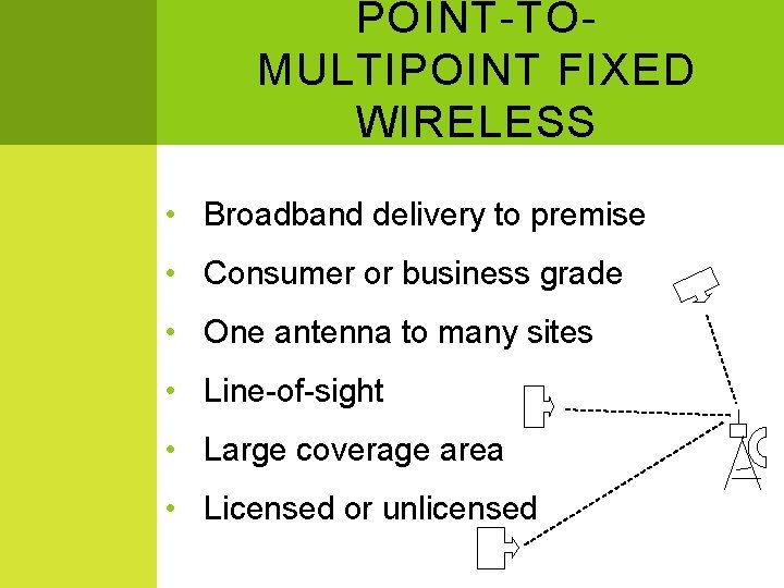 POINT-TOMULTIPOINT FIXED WIRELESS • Broadband delivery to premise • Consumer or business grade •