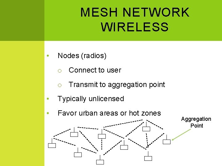 MESH NETWORK WIRELESS • Nodes (radios) o Connect to user o Transmit to aggregation