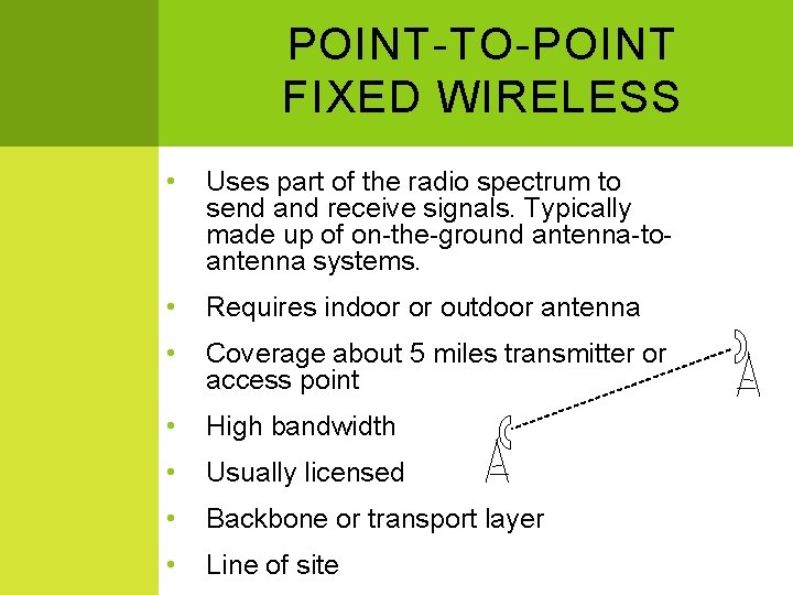 POINT-TO-POINT FIXED WIRELESS • Uses part of the radio spectrum to send and receive