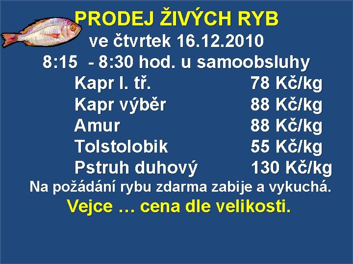 PRODEJ ŽIVÝCH RYB ve čtvrtek 16. 12. 2010 8: 15 - 8: 30 hod.