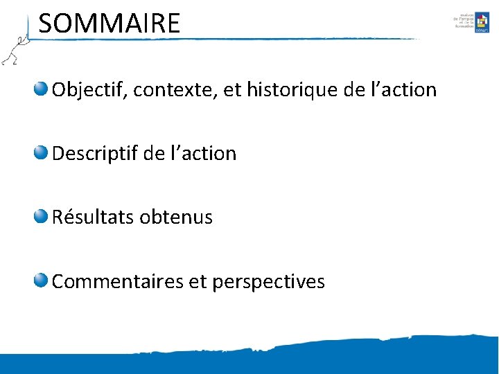 SOMMAIRE Objectif, contexte, et historique de l’action Descriptif de l’action Résultats obtenus Commentaires et