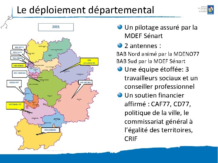 Le déploiement départemental Un pilotage assuré par la MDEF Sénart 2 antennes : BAB