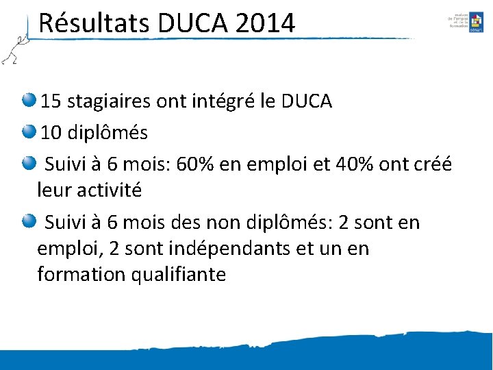 Résultats DUCA 2014 15 stagiaires ont intégré le DUCA 10 diplômés Suivi à 6