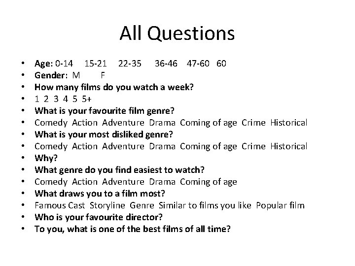 All Questions • • • • Age: 0 -14 15 -21 22 -35 36