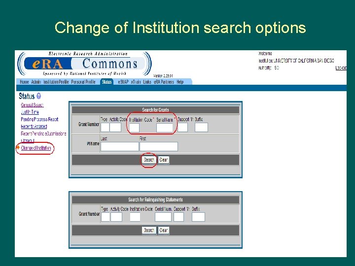 Change of Institution search options 