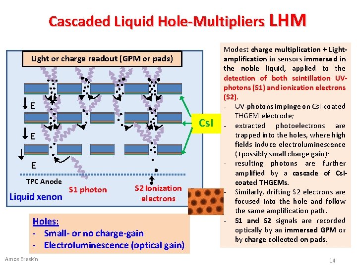 Cascaded Liquid Hole-Multipliers LHM Light or charge readout (GPM or pads) E Cs. I