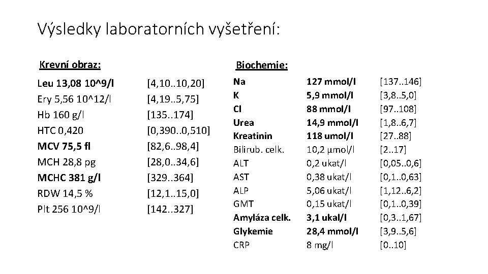 Výsledky laboratorních vyšetření: Krevní obraz: Leu 13, 08 10^9/l Ery 5, 56 10^12/l Hb