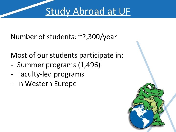 Study Abroad at UF Number of students: ~2, 300/year Most of our students participate
