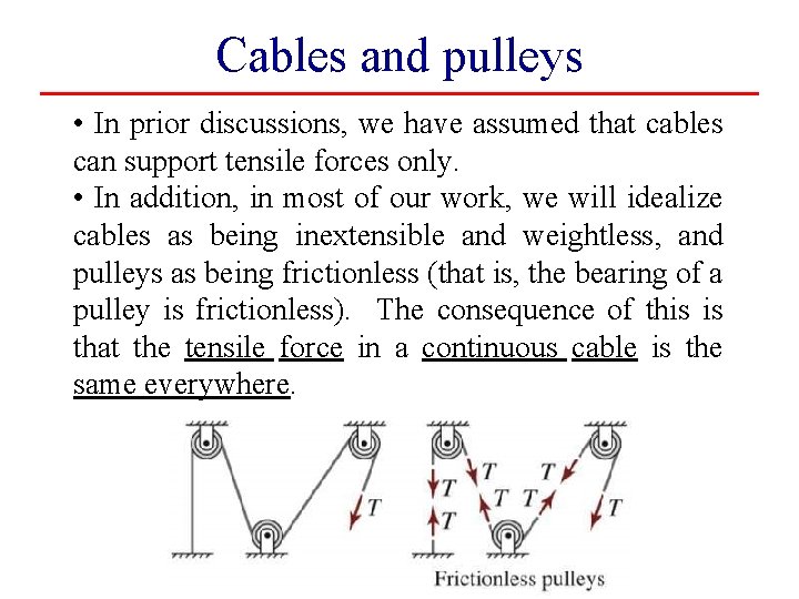 Cables and pulleys • In prior discussions, we have assumed that cables can support